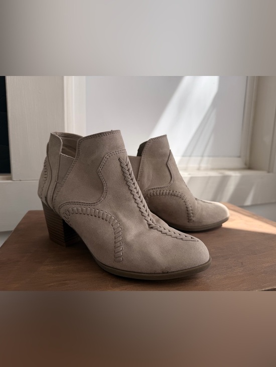 indigo rd Shoes - Indigo Taupe Suede Ankle Booties with Braided Stitch Detail